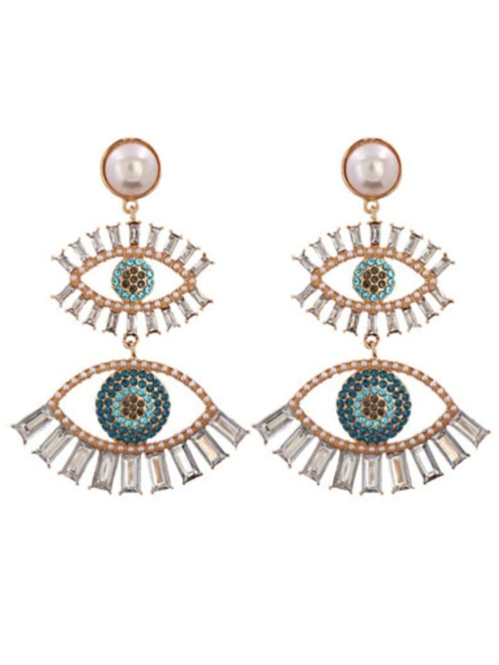 Evil Eye Symbol Clear White & Gold Large Pearl Dangle Earrings
